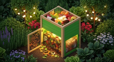 Photo of a vibrant green compost bin filled with organic kitchen scraps and garden waste sits in a lush, illuminated garden at dusk, showcasing sustainable waste management and home composting