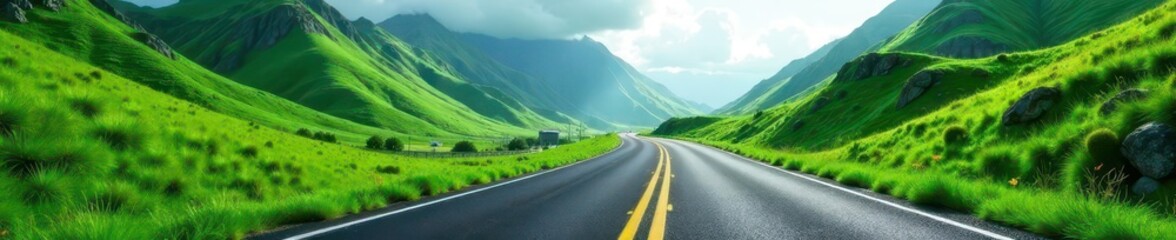 Naklejka premium Asphalt ribbon winds through lush green mountains , mountain, travel photography