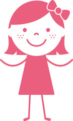 Charming cartoon girl in a pink dress with a bow smiling playfully happy and excited for fun isolated on transparent background