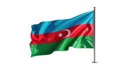 A digitally rendered image of the waving flag of Azerbaijan, displayed against a black background, showcasing vibrant colors and smooth textures.