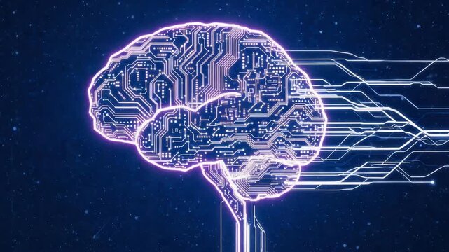 Glowing brain outline with circuit board pattern and light streaks on a dark blue background
