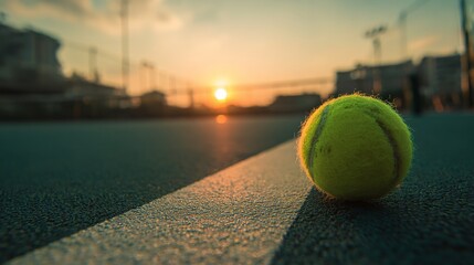 Wide-angle close-up of a tennis ball on outdoor court at sunset with dramatic lighting, capturing competitive individual sports and athletic focus
