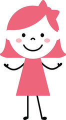 Cute cartoon girl in pink dress standing happy and playful with arms outstretched fun character design for children isolated on transparent background