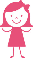 Cute pink cartoon girl with smiling face and red dress adorable fun playful character graphic design element for kids projects and digital art isolated on transparent background