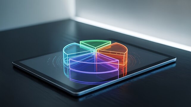 Glowing neon pie chart renders on a dark reflective surface