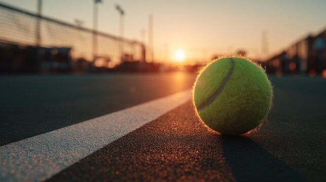 Wide-angle close-up of a tennis ball on outdoor court at sunset with dramatic lighting, capturing competitive individual sports and athletic focus