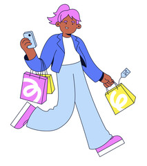 Young woman running happily with the shoppnig bags