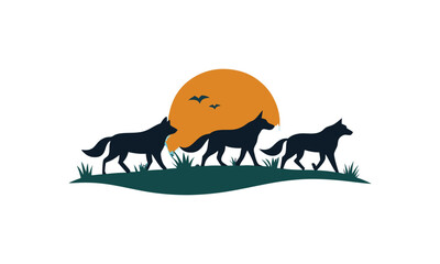 Wild Wolves and Nature Landscape Illustration