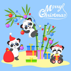 Naklejka premium Funny cartoon pandas decorate a Christmas tree-bamboo. Merry Christmas and Happy New Year greeting cards, posters, holiday covers.