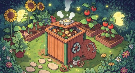 Photo of whimsical illustration of a compost bin in a garden at night, surrounded by sunflowers, tomato plants, and glowing fireflies, symbolizing sustainable living and organic gardening practices