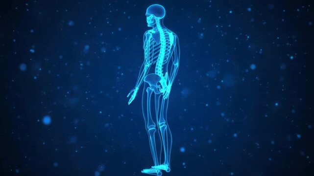 Full body human skeleton x ray view in blue with glowing particles floating around the body