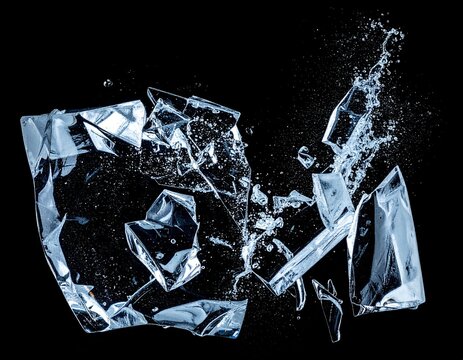 Shattered ice cube, fragments flying, water spray on black background