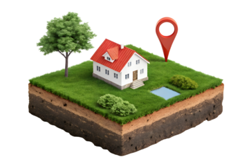 Real estate location and house with a map pin on a floating plot of land on transparent background