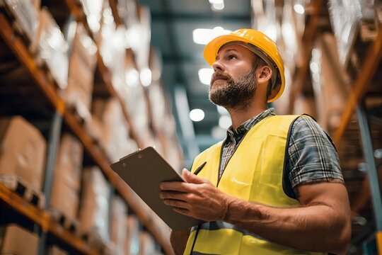 Hard hat, high-visibility vest, warehouse, clipboard, focused