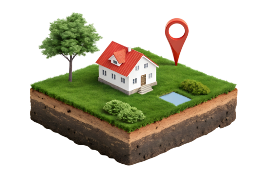 Real estate location and house with a map pin on a floating plot of land on transparent background