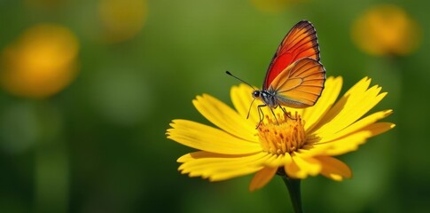 Colorful butterfly perched on a bright yellow flower suck nectar from its center, insect, colorful