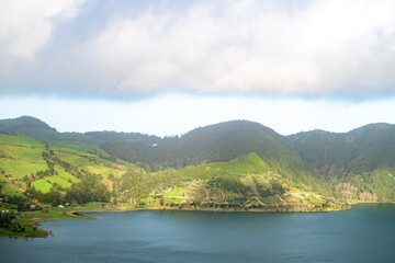 Fototapeta premium The Beautiful Landscape of Furnas Lake in the Azores The Concept of a Natural Wonder