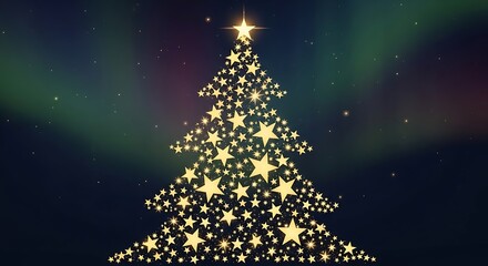 Magical starry christmas tree under the aurora borealis