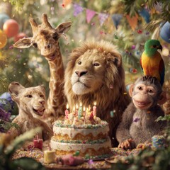 Naklejka premium Funny animals celebrate birthday with cake, balloons and confetti in jungle party scene full of joy and color