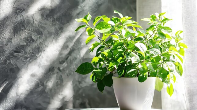 A potted plant with green leaves on a windowsill.