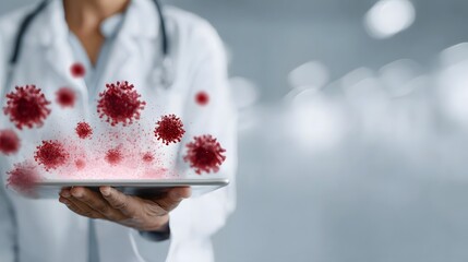 Doctor examining virus data on a digital tablet with glowing red particles