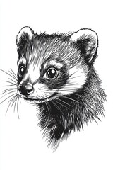 Obraz premium Retro sketch style drawing of ferret head with detailed fur and eyes on white background illustration