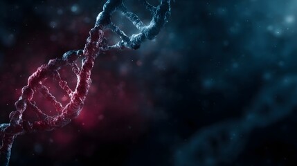 Detailed 3D render of a double helix DNA strand with red and blue accents set against a dark smoky background