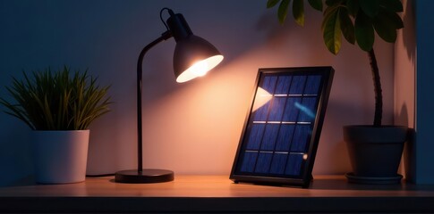Low Power LED Lamp Scene - Solar Panel On Shelf, solar panel, minimalist