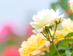 Soft focus of pale yellow and white roses