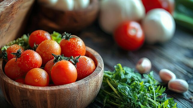 Fresh cherry tomatoes in a wooden bowl on a rustic wooden table with green herbs and garlic cloves. - Powered by Adobe