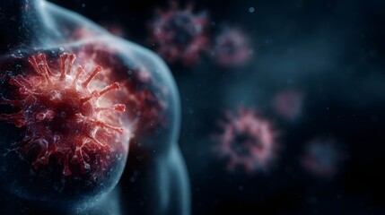 3D illust n of infectious virus particles infecting human cells representing disease contagion and medical science