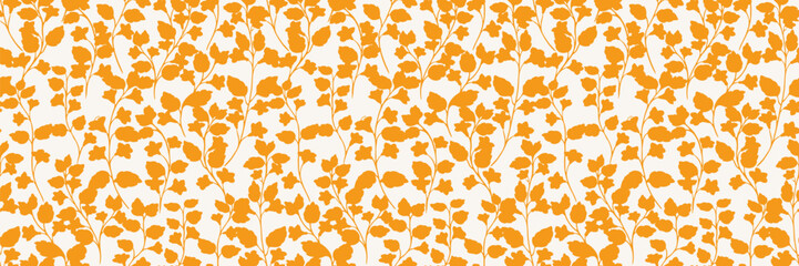 Seamless vector pattern with orange floral silhouettes on white background. Elegant botanical design with leaves and stems, perfect for fabric, wallpaper, and surface prints