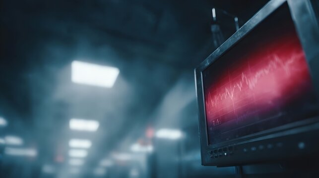 A digital monitor displays a red waveform graph in a dark atmospheric setting