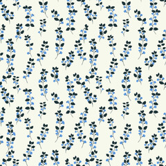 Seamless vector floral pattern with delicate blue wildflowers and dark green leafy stems on a light background. Template for fabric, wallpaper, stationery, and wrapping design