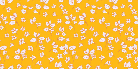 Seamless floral vector pattern with delicate white flowers and leaves on a vibrant orange background. Elegant botanical design for textiles, wallpaper, and packaging