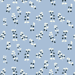 Minimal seamless floral vector pattern with tiny flowers and soft blue stems on a pastel blue background. Design for textiles, wallpapers, wrapping paper, and surface