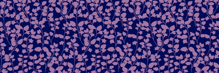 Seamless vector floral pattern with elegant violet flower silhouettes on a deep navy background. Stylish botanical design for textiles, wallpaper, and packaging
