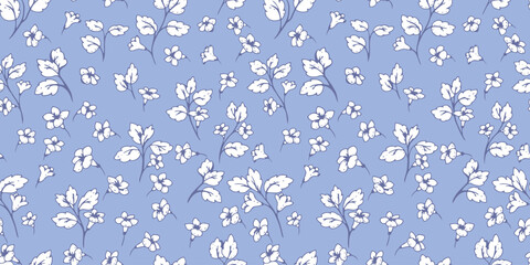 Seamless vector floral pattern with delicate white flowers and leaves on a soft blue background. Elegant botanical design for fabric, wallpaper, and packaging