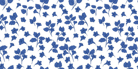 Seamless vector floral pattern with hand drawn blue flowers and leaves on a white background. Minimal botanical decor for fabric, packaging, spring designs, stationery, and