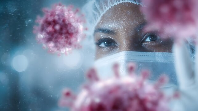 Close up of a medical researcher wearing a mask and cap examining microscopic virus particles in a laboratory