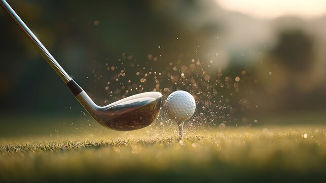 Close-up of a golf club striking a white golf ball on a lush green fairway at the moment of impact during an outdoor golf game