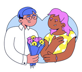 Young man giving woman flowers on Valentine's Day