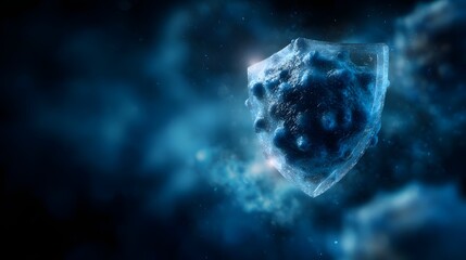 Naklejka premium A translucent digital shield encasing a virus like entity stands as a symbol of protection against a backdrop of glowing blue cosmic clouds