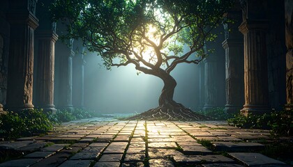Majestic Tree Growing in Stone Courtyard with Dramatic Light
