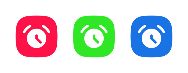 A set of three colorful icons (red, green, blue) featuring an alarm clock, representing the Alarm/Time Setting feature for scheduling reminders or wake-up calls.