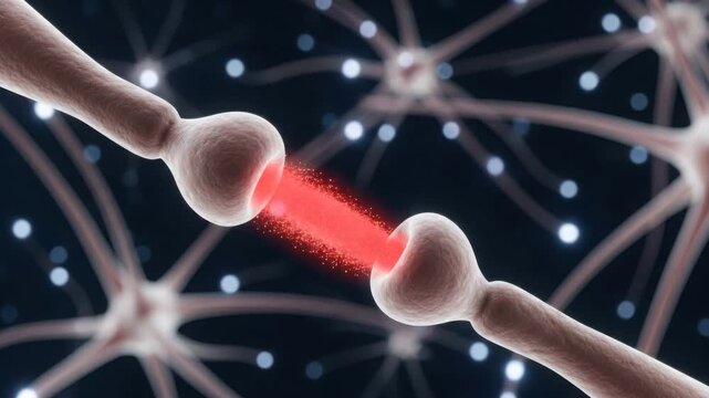 Close up of nerve cells transmitting signals with red light and glowing dots in the background