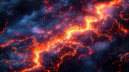 Fototapeta premium Molten lava flows across dark rock formations