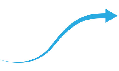 Blue arrow curving upwards on a transparent background