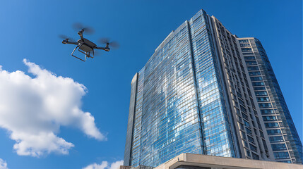 Fototapeta premium Drone flying near a modern glass skyscraper under a clear blue sky
