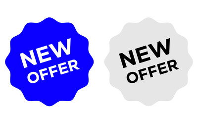 Two starburst badges, one blue and one grey, with new offer isolated on transparent background